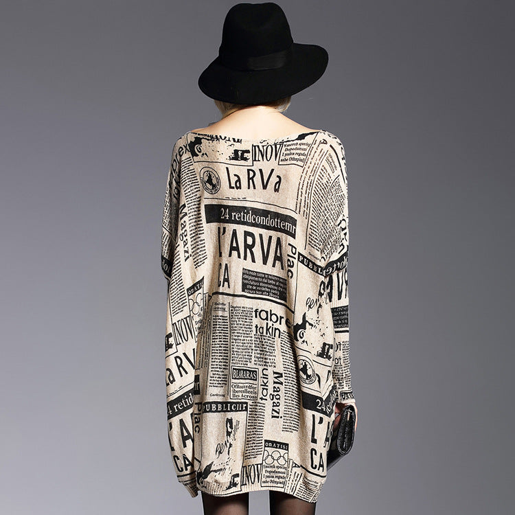 Women Newpaper Print Knitting Pullover Sweaters