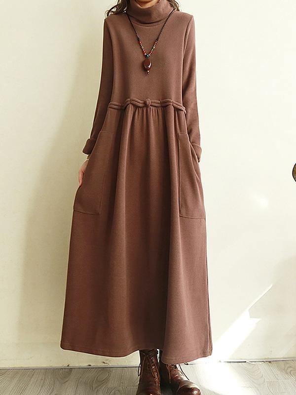 Vintage Split-Joint Loose High-Neck Midi Dress-STYLEGOING
