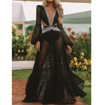 Black Gauze See-Through Maxi Dresses-STYLEGOING