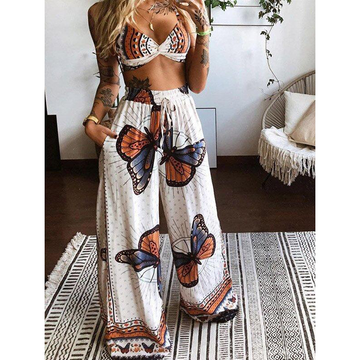 Two-Piece Butterfly Bare Midriff Wide Leg Suit-STYLEGOING