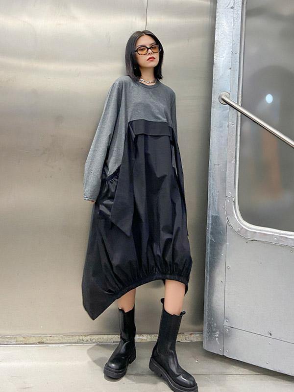Loose Split-Joint Round-Neck Long Dress-STYLEGOING