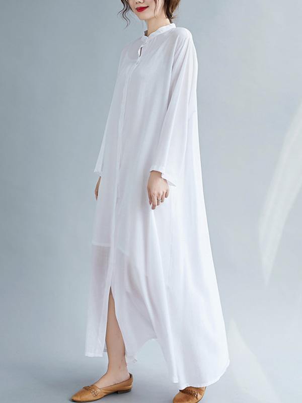 lSolid Round-Neck Shirts Long Dress-STYLEGOING