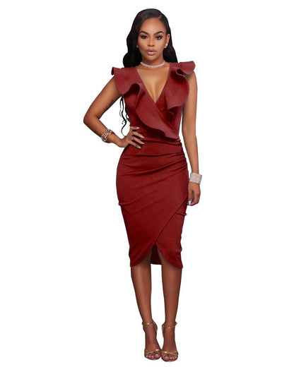 Sexy V-neck Ruffled Sleeveless Sheath Dresses-STYLEGOING