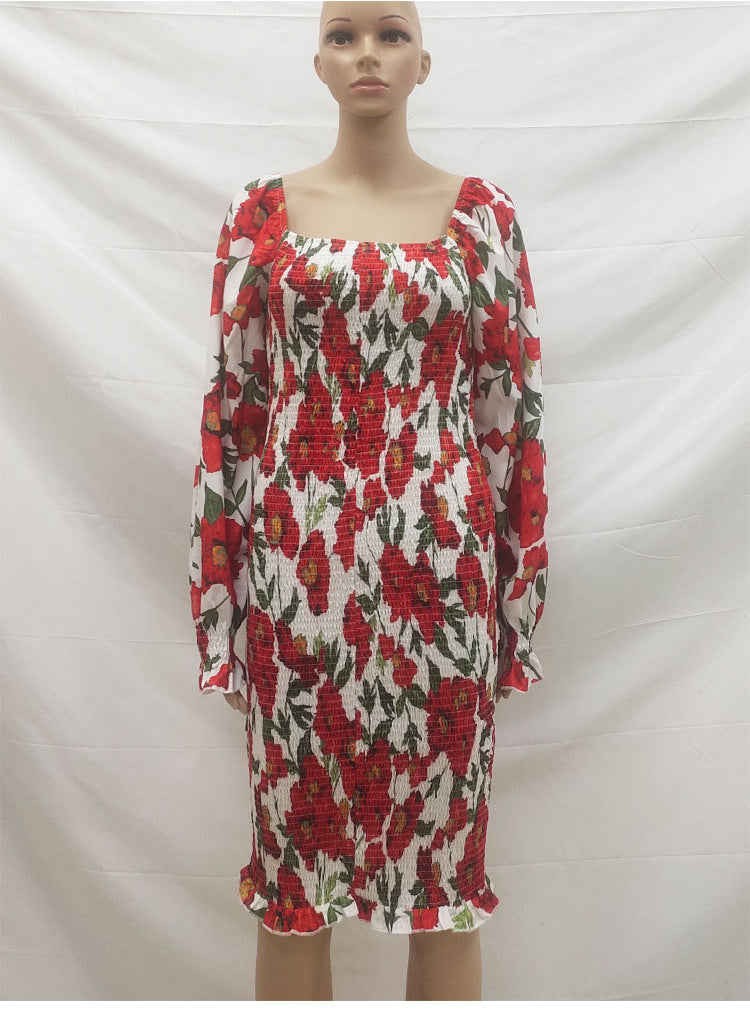 Sexy Red Flowers Long Sleeves Dresses