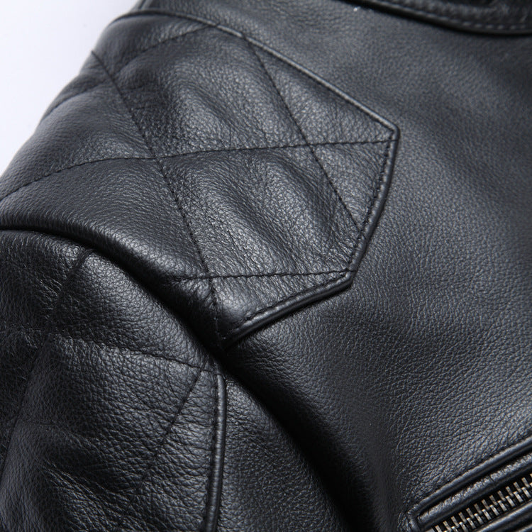 Fashion Stand Collar Cowhide Leather Jacket Coats for Men