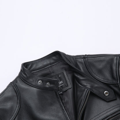 Casual Black Motorcycle Cowhide Leather Jackets for Men