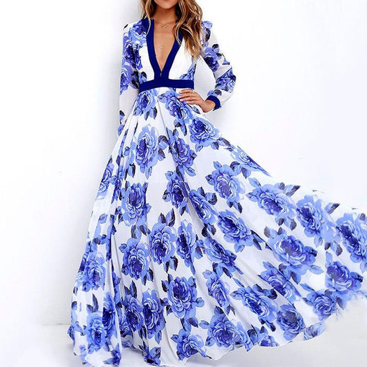 Blue Floral Print V Neck Long Maxi Dresses-STYLEGOING