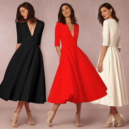 Sexy V Neck Half Sleeves Midi Dresses-STYLEGOING