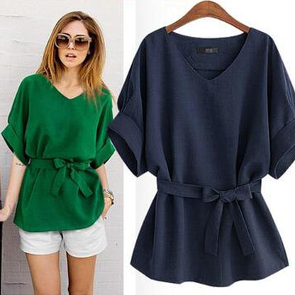 Plus Size Women V Neck Summer Linen Tops-STYLEGOING