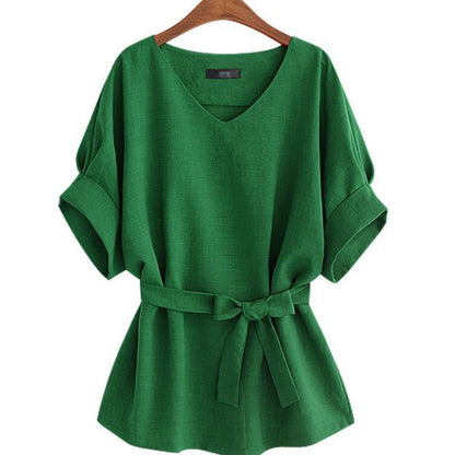 Plus Size Women V Neck Summer Linen Tops-STYLEGOING
