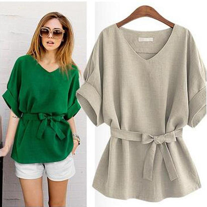 Plus Size Women V Neck Summer Linen Tops-STYLEGOING