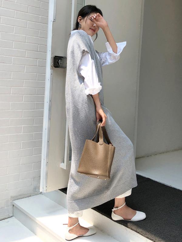 Knitting Loose V-Neck Sleeveless Long Dress-STYLEGOING