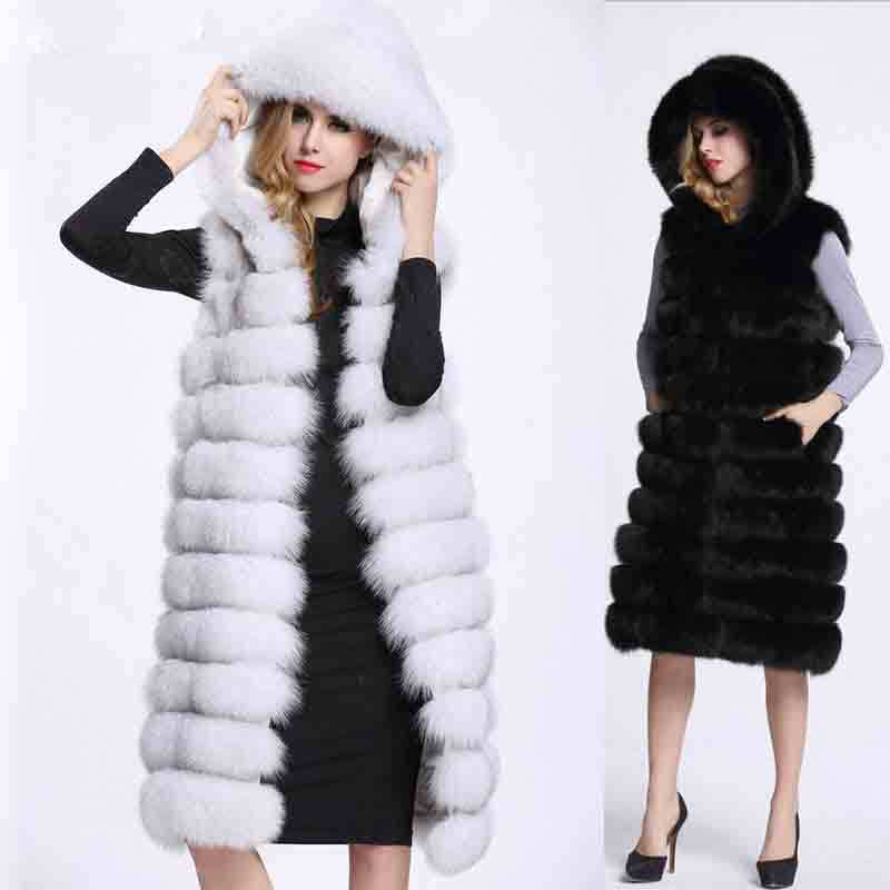 Artificial Fur Long Vest with Hat for Women