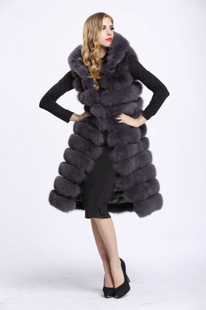 Artificial Fur Long Vest with Hat for Women