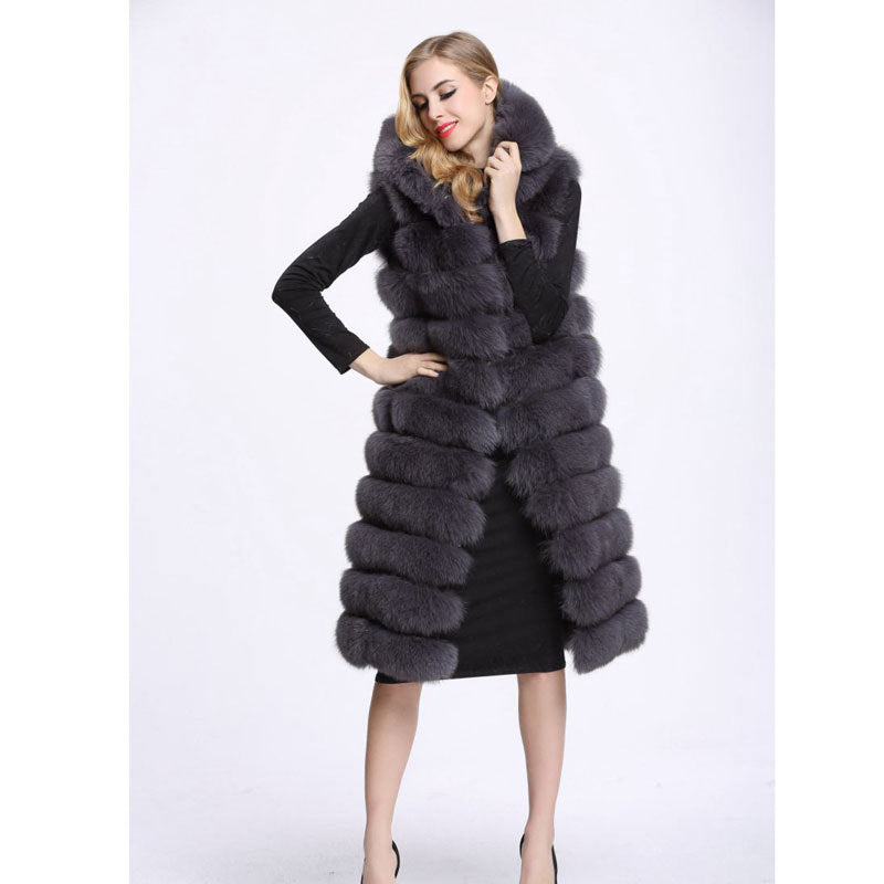 Artificial Fur Long Vest with Hat for Women