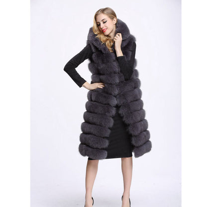 Artificial Fur Long Vest with Hat for Women