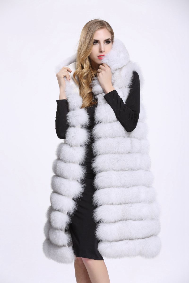 Artificial Fur Long Vest with Hat for Women