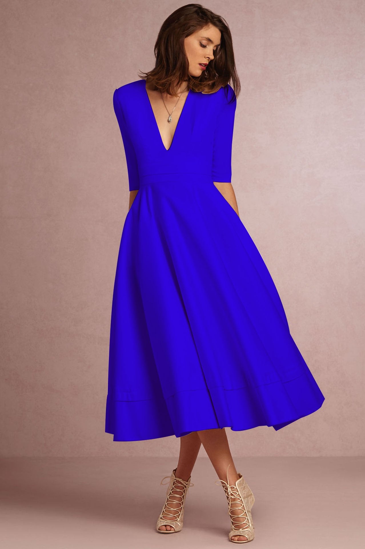 Sexy V Neck Half Sleeves Midi Dresses-STYLEGOING