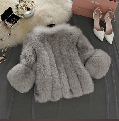 Winter Women Artifical Fox Fur Short Overcoat