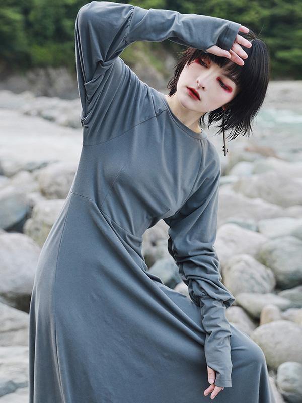 Vintage Solid Long Sleeve Dress-STYLEGOING