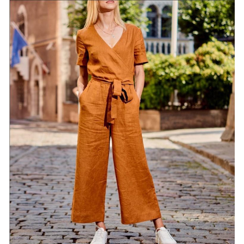 Women Short Sleeves Linen Loose Jumpsuits-STYLEGOING