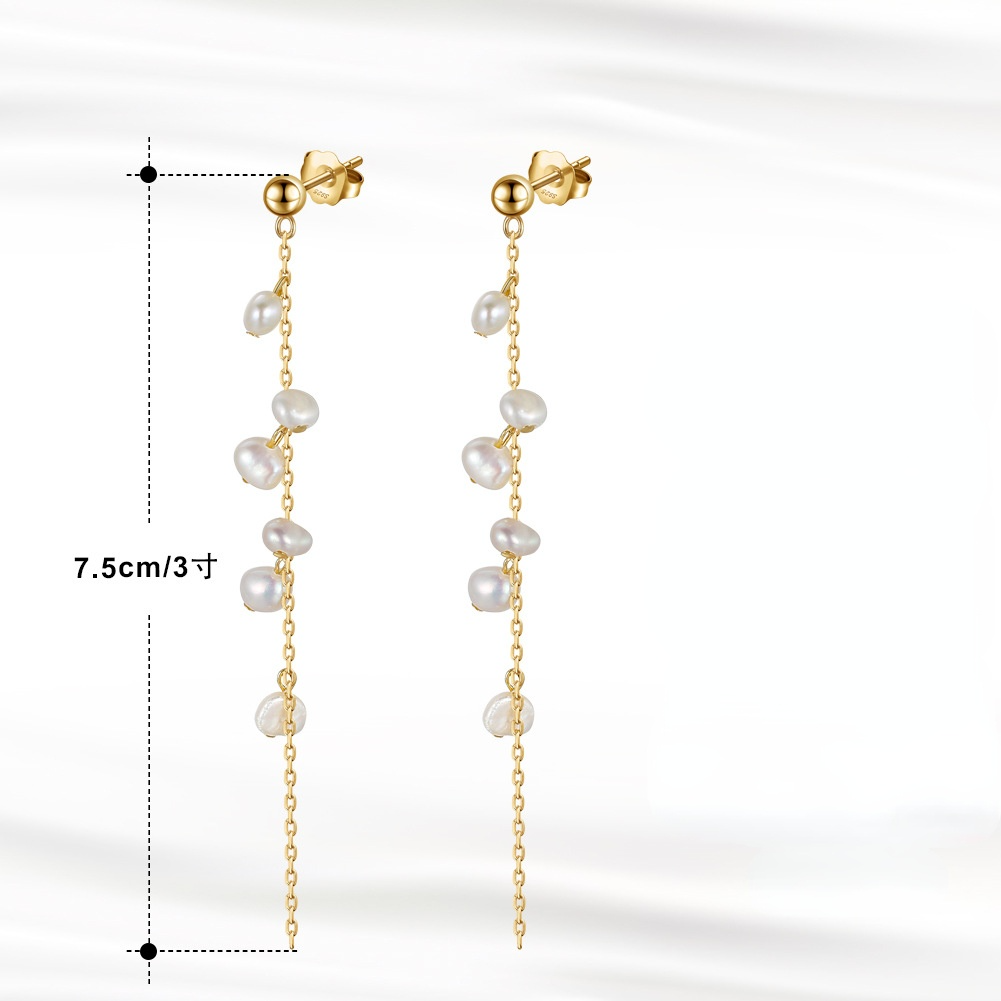String Beads Pearl Gold Plated Sterling Silver Drop Earrings