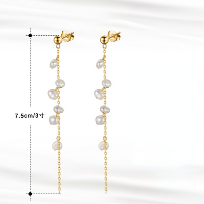 String Beads Pearl Gold Plated Sterling Silver Drop Earrings