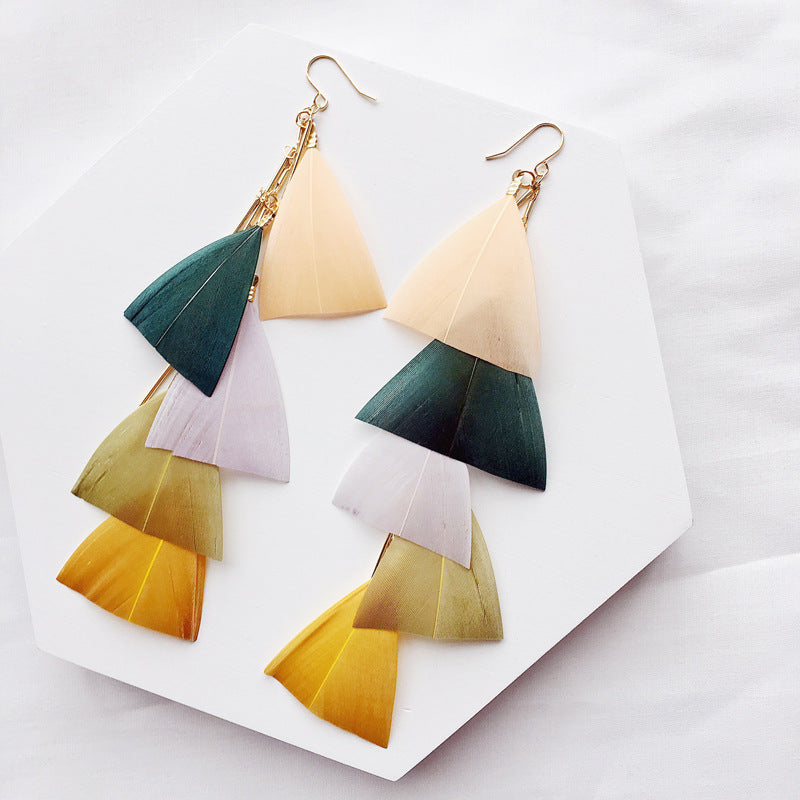 Holiday Bohemian Tassel Feather Dangle Drop Rings for Women