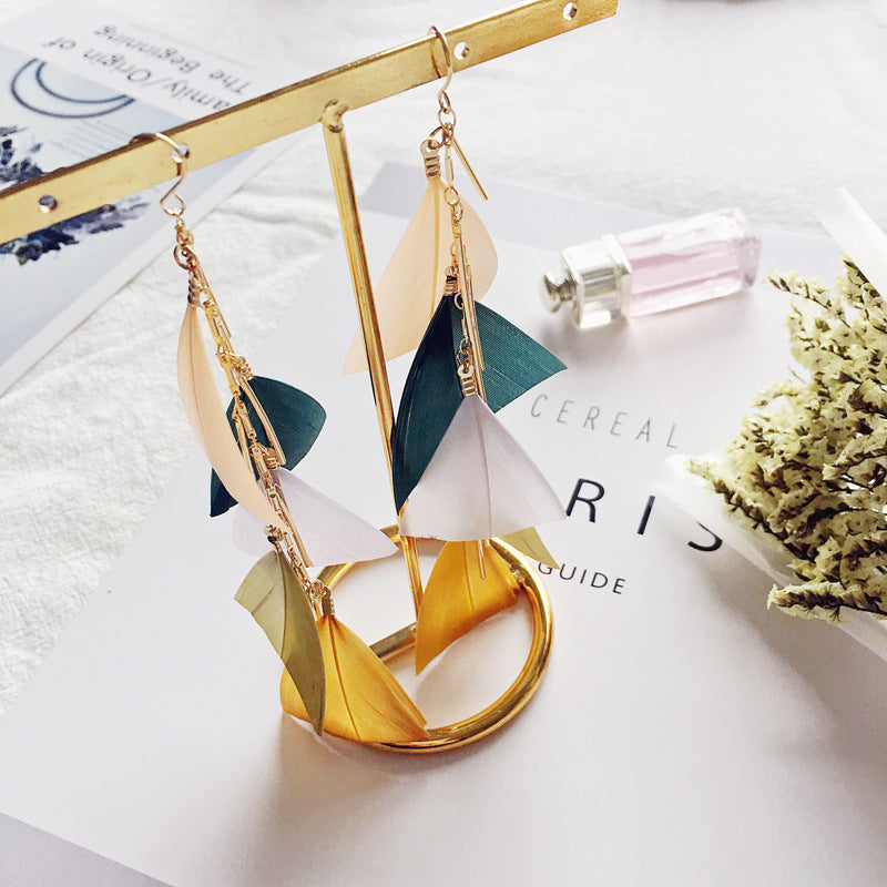 Holiday Bohemian Tassel Feather Dangle Drop Rings for Women