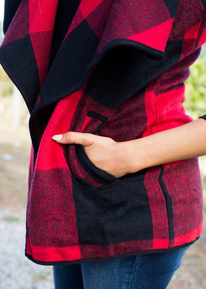 Women Plaid Pocket Cardigan Vest Coat