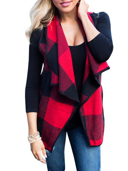 Women Plaid Pocket Cardigan Vest Coat