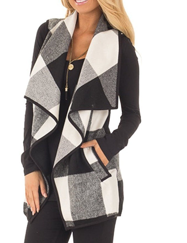 Women Plaid Pocket Cardigan Vest Coat