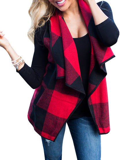 Women Plaid Pocket Cardigan Vest Coat