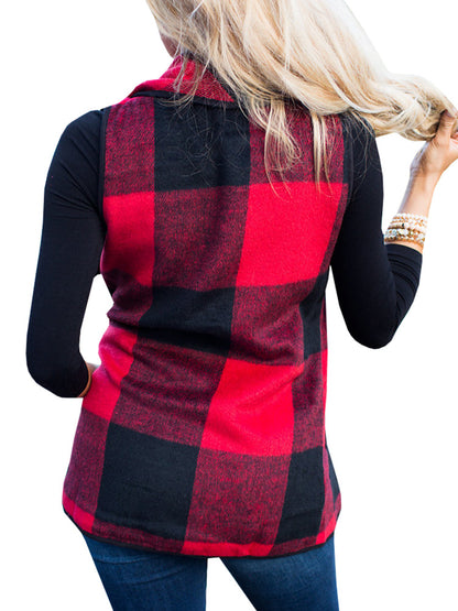Women Plaid Pocket Cardigan Vest Coat
