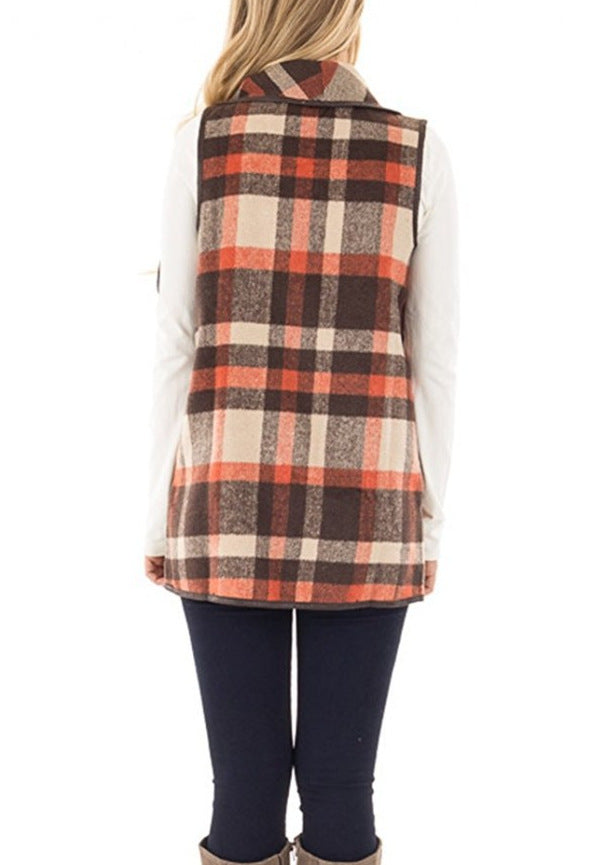 Women Plaid Pocket Cardigan Vest Coat