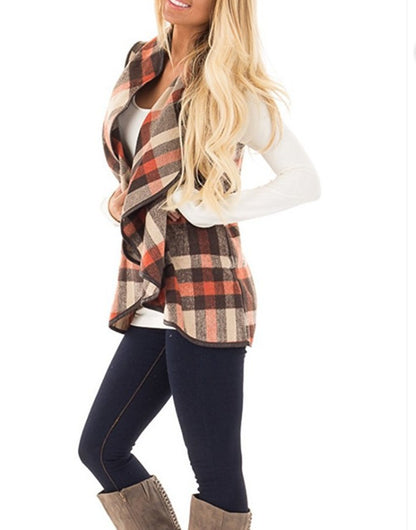 Women Plaid Pocket Cardigan Vest Coat