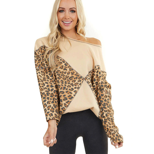 One Shoudler Long Sleeves Leopard Fall Sweaters-STYLEGOING