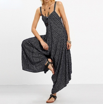 Women Black&white Striped Loose Jumpsuits-STYLEGOING