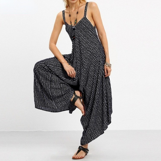 Women Black&white Striped Loose Jumpsuits-STYLEGOING