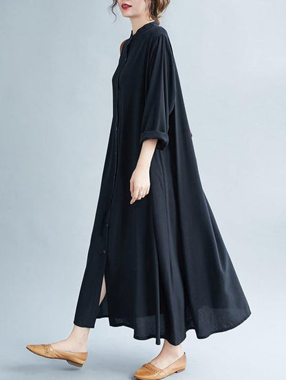 lSolid Round-Neck Shirts Long Dress-STYLEGOING
