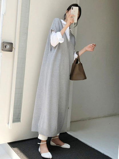 Knitting Loose V-Neck Sleeveless Long Dress-STYLEGOING