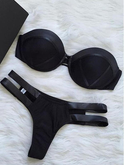 Plain Lace-Up Balconette Bikini Swimsuit-STYLEGOING