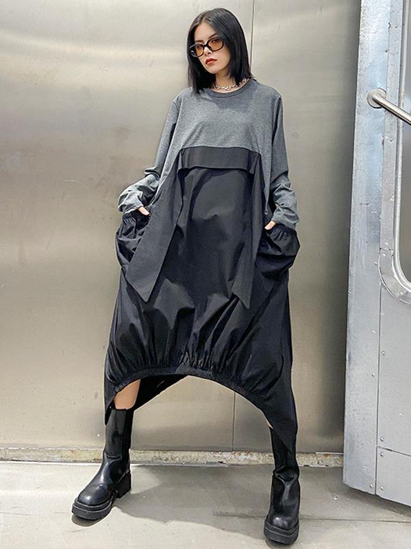 Loose Split-Joint Round-Neck Long Dress-STYLEGOING