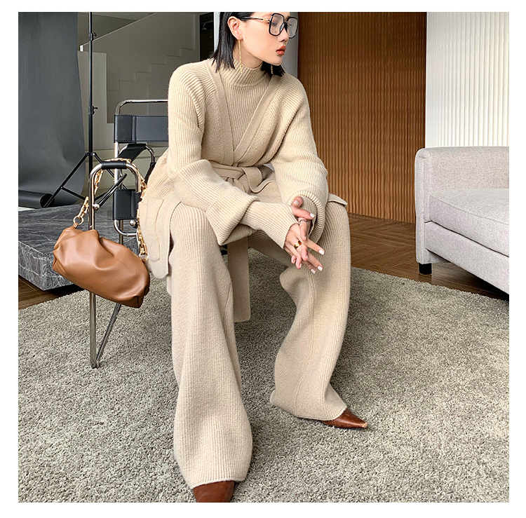 Fashion Women Knitting Cardigan Basic Top and Pants Sets