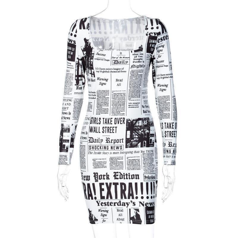 SexyPrinted Newspaper Mini Dress-STYLEGOING