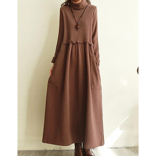 Vintage Split-Joint Loose High-Neck Midi Dress