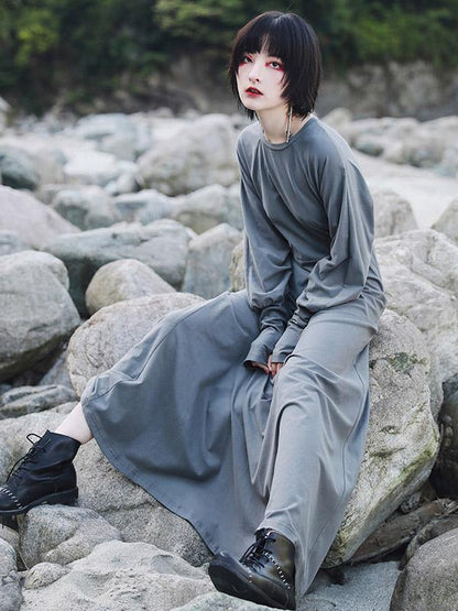 Vintage Solid Long Sleeve Dress-STYLEGOING