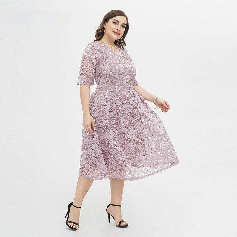 Women Plus Sizes Lace Short Sleeve Dresses-STYLEGOING