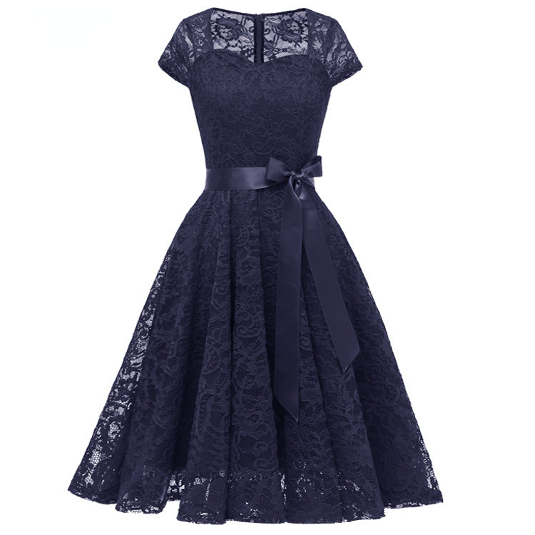Elegant Short Sleeves Midi Lace Dresses