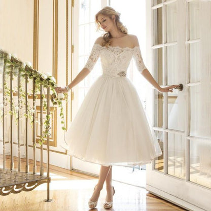 White Tulle Off The Shoulder Sexy Short Dresses-STYLEGOING